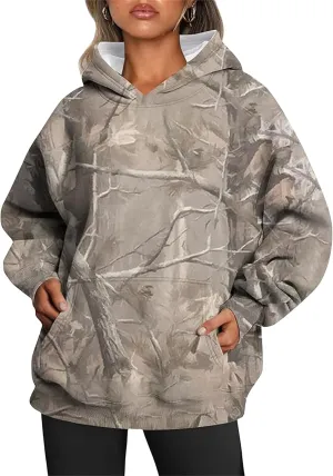 ZWRXW Womens Camo Hoodie Maple Leaf Print Oversized Hooded Sweatshirt Long Sleeve Sweaters Pullover Fall Outfits with Pockets