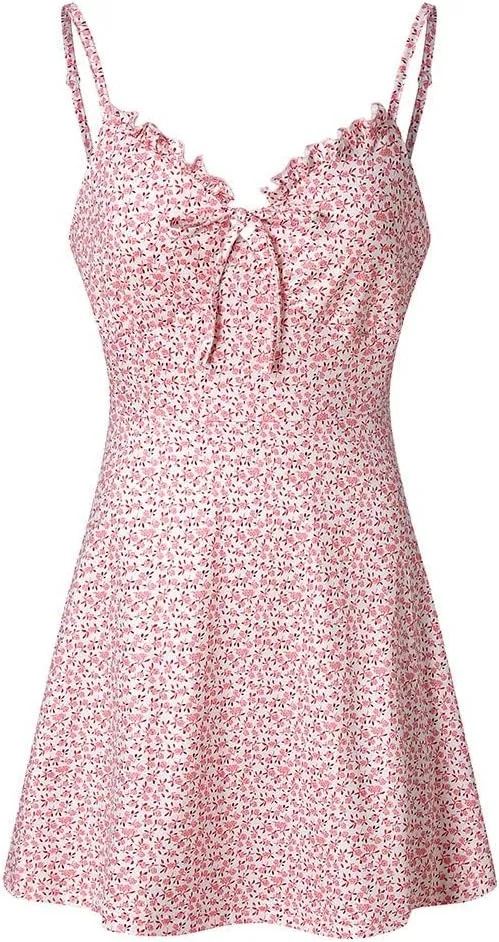 ZYXTIM Women's Boho Floral Print Cami Mini Dress Spaghetti Strap Ruched Bust Lace Up Low Back Sexy Summer Beach Dresses